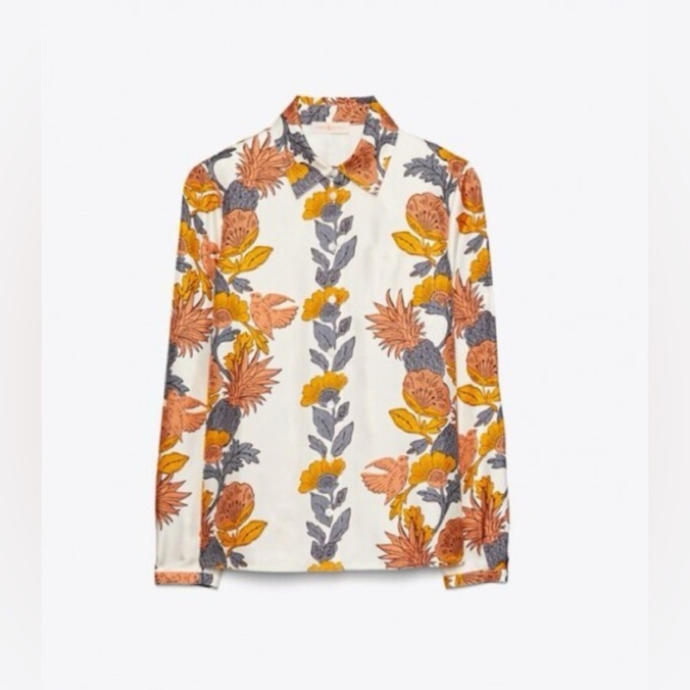 Tory Burch Button Down Silk Orange Wonderland Vine Shirt
